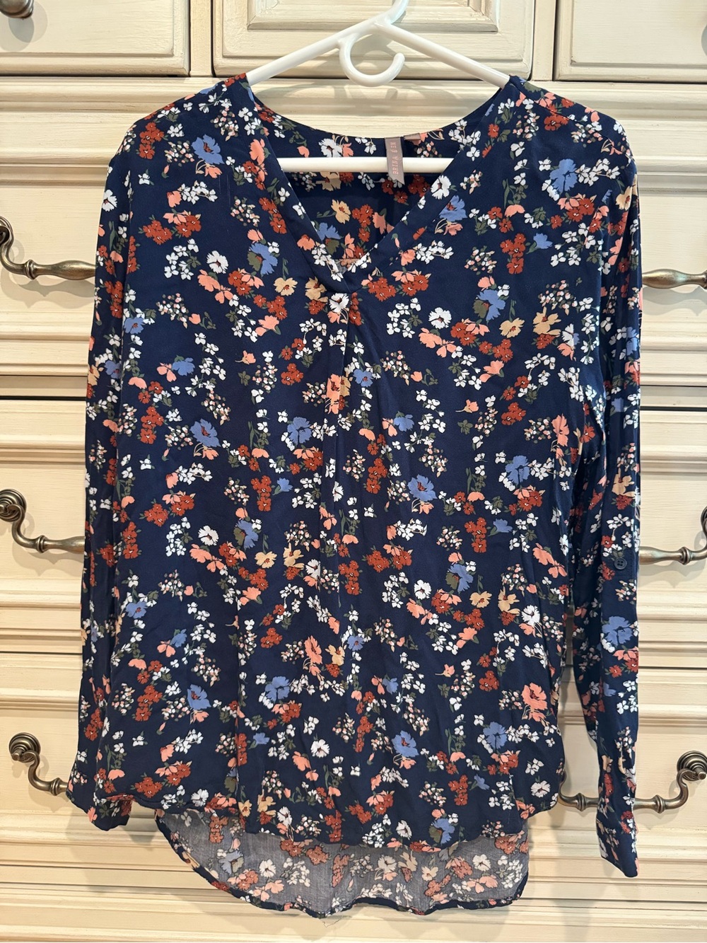 Navy Floral V-Neck Long-Sleeve Blouse